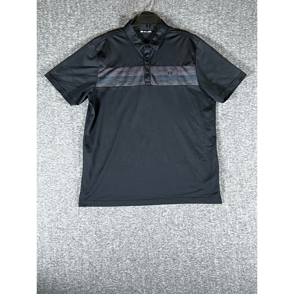 TravisMathew Mens XL Black Striped Performance‎ Golf Polo Shirt Short Sleeve
